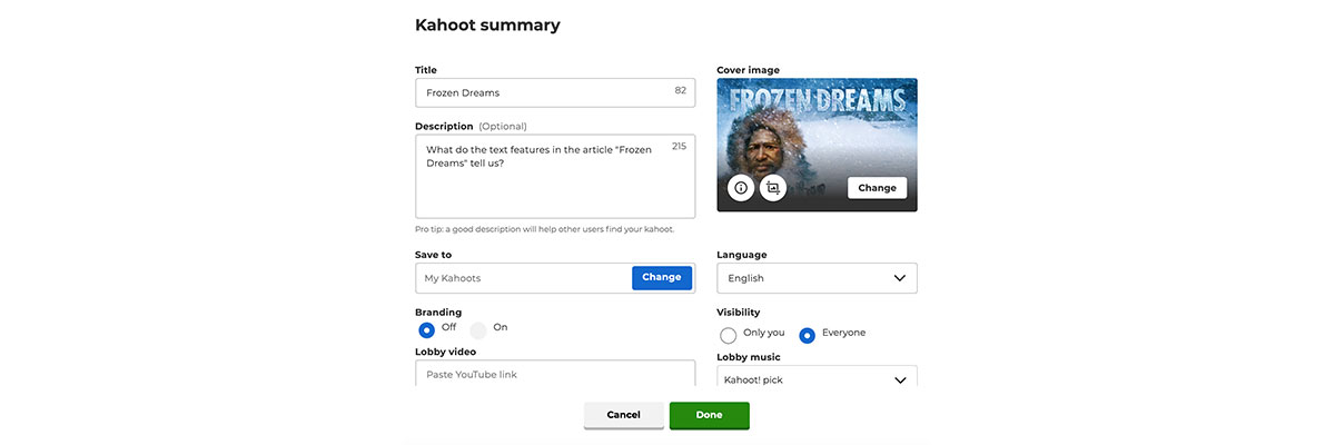 Kahoot configuration