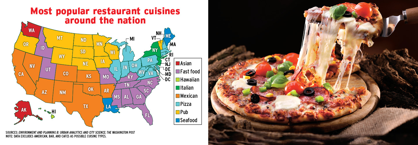 Image of map showing the most popular restaurants in U.S and pizza with cheesy slice being taken