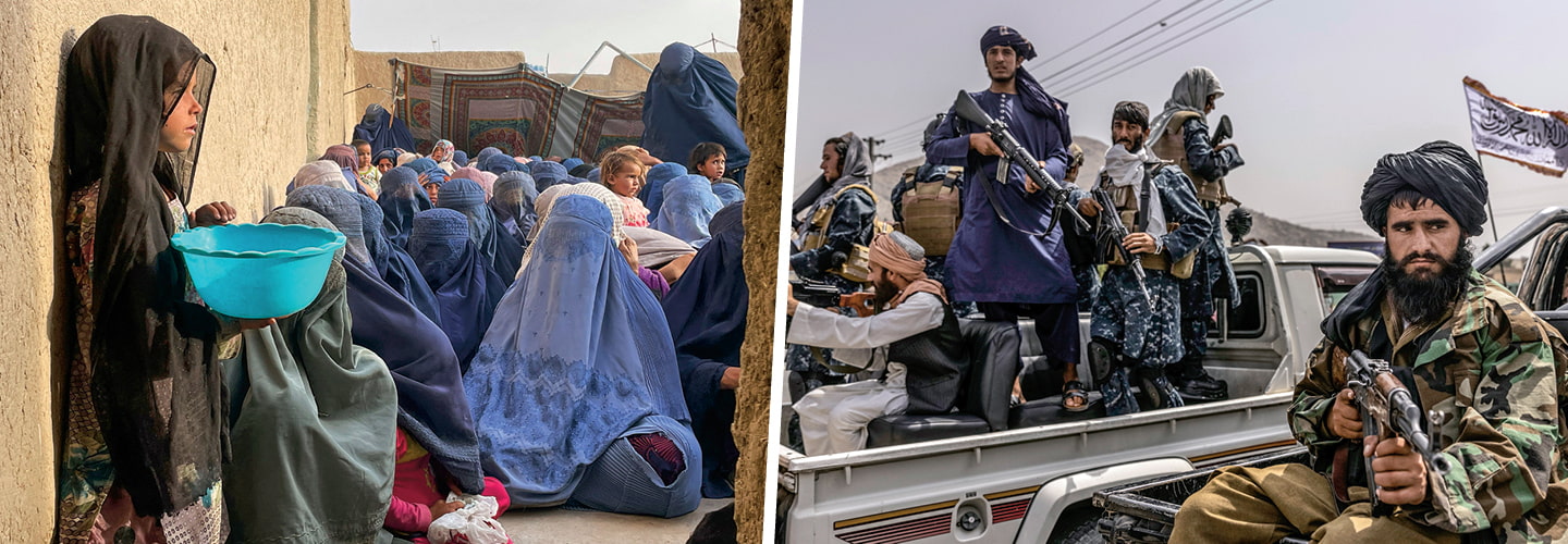 Two photos: people in line waiting for food and people with guns in the bed of a truck