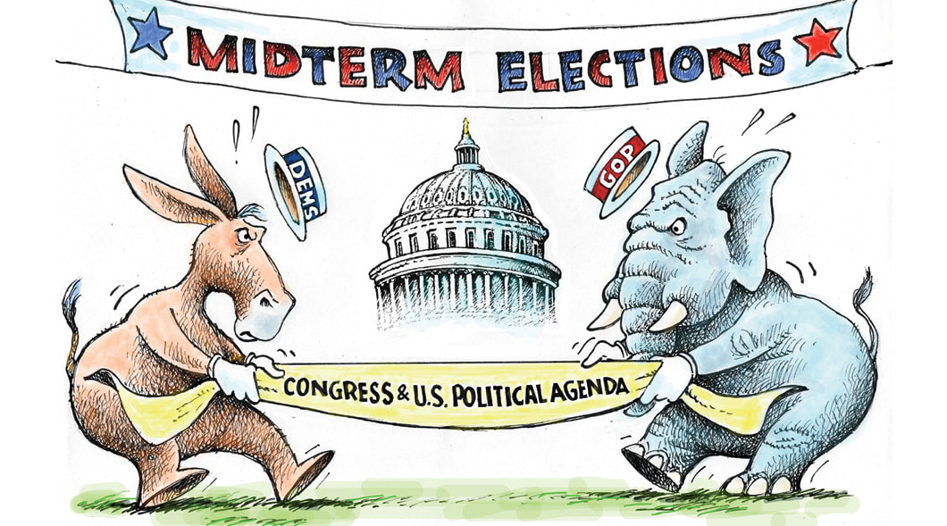 Illustration of a Donkey and Elephant playing tug of war. Text reads: Midterm Elections