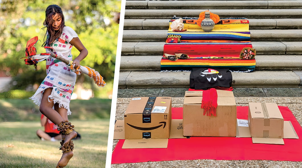 Person in cultural clothing dancing and an altar of three boxes and Indigenous pieces
