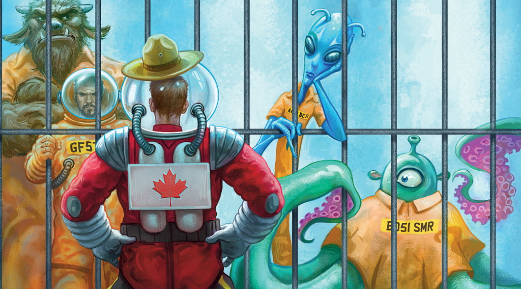 Illustration of different creatures in an underwater jail being watched by a Canadian officer
