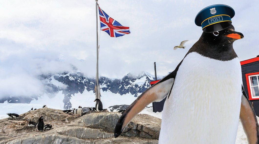 Penguin wearing a military cap and an English flag in the background