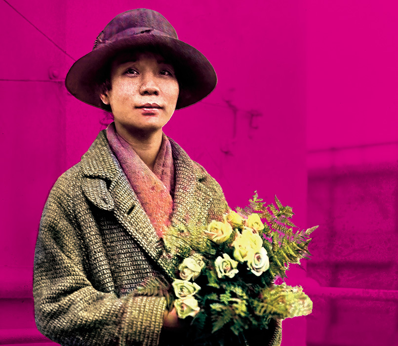 Colorized photo of a person holding flowers