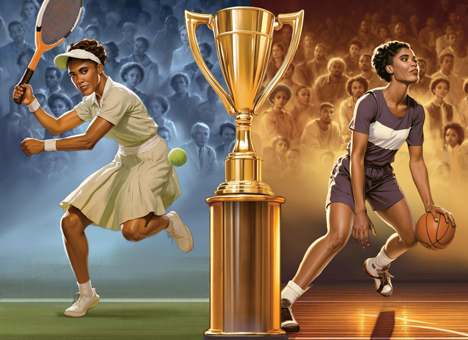 Digital illustration of a champion tennis player and basketball player with large trophy in between