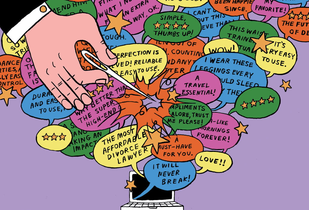 Illustration of multiple text bubbles coming out of a computer and a hand popping some with a pin