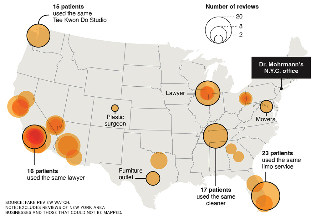 Map of America showing the location of where different fake reviews originated