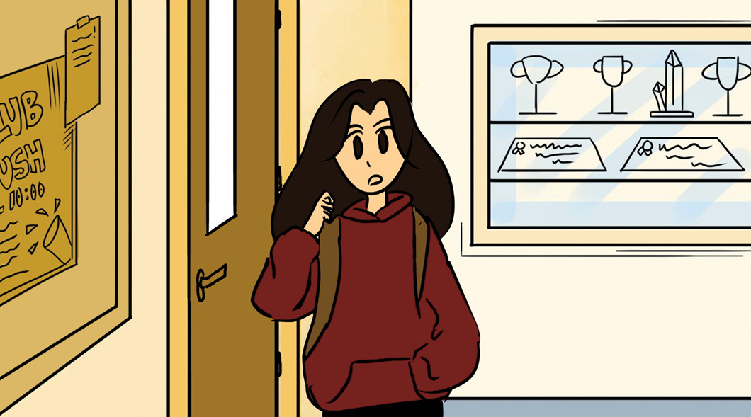 Illustration of student wearing a hoodie walking down school hallway