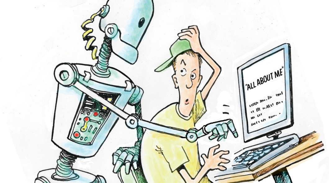 Illustration of a robot typing over a student&apos;s shoulder