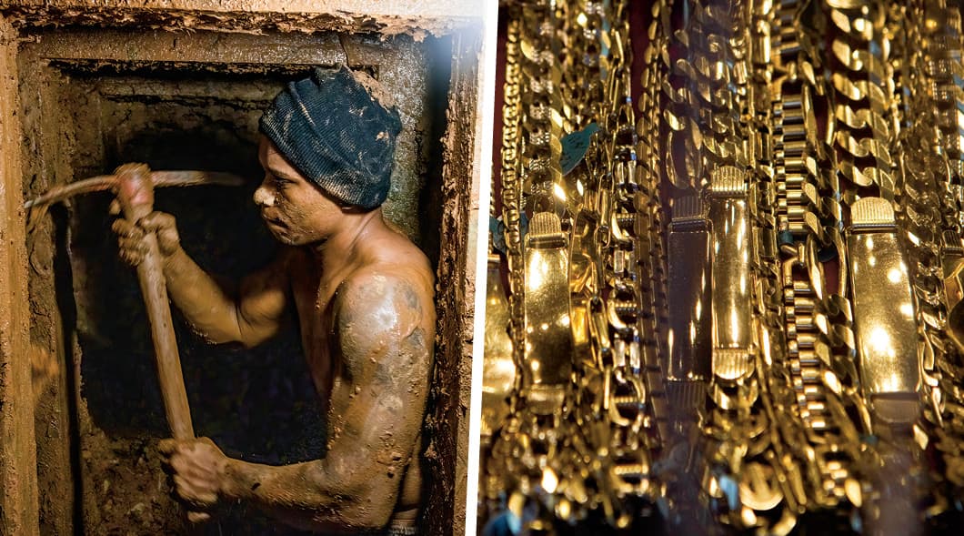 Image of a person mining for gold & image of gold jewelry