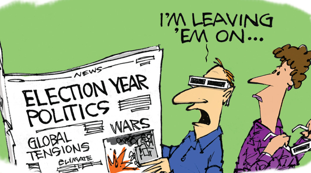 Comic of a person wearing solar eclipse glasses while reading newspaper and wanting to leave them on