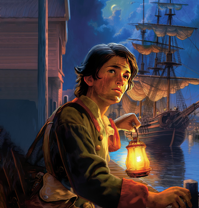 Illustration of a teen on a ship during the Boston Tea Party times