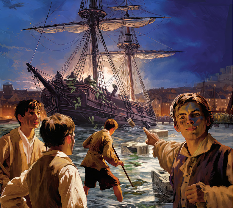 Illustration of a scene depicting the Boston Tea Party events