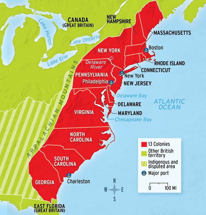 Map showing location of the 13 colonies in America as well as other British & indigenous territories