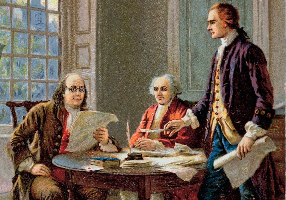 Illustration of Bejamin Franklin and other officials writing up documents