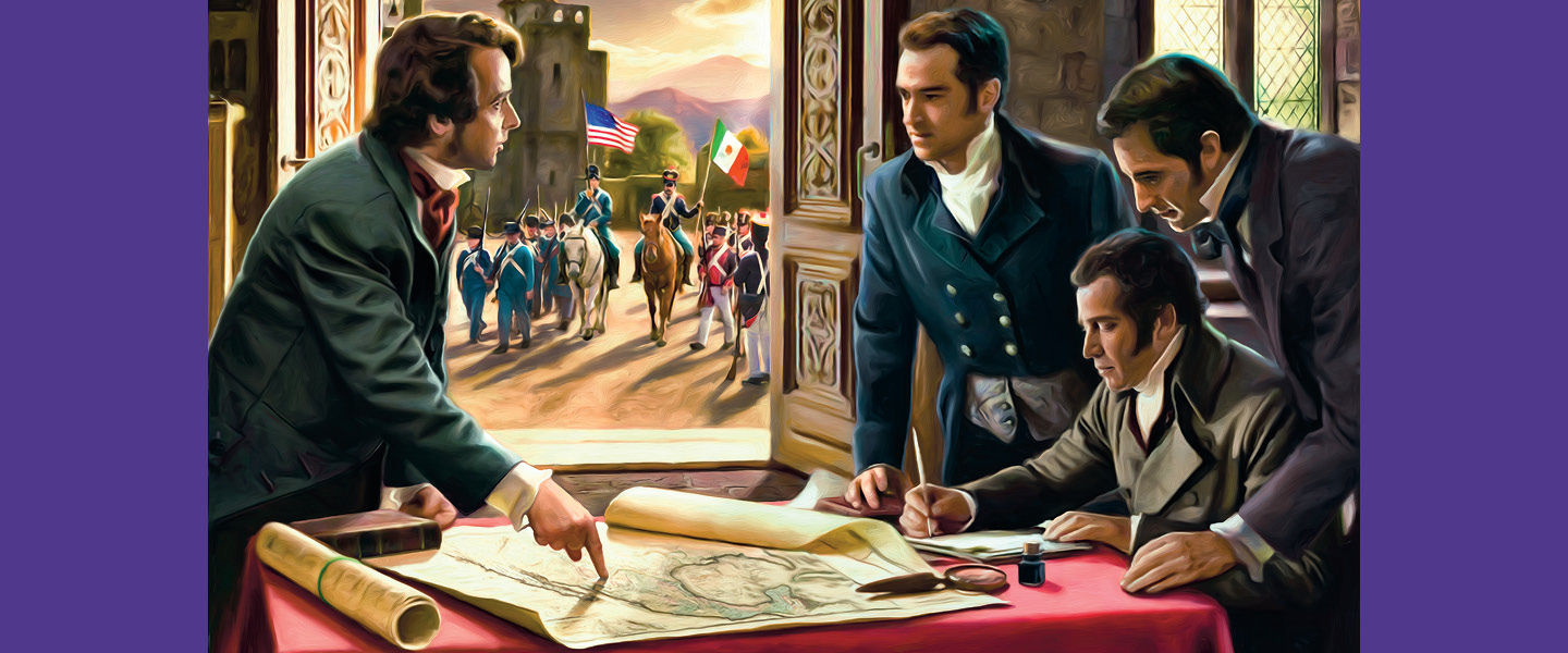 Illustration of politicians signing a document while Mexico and America are at war