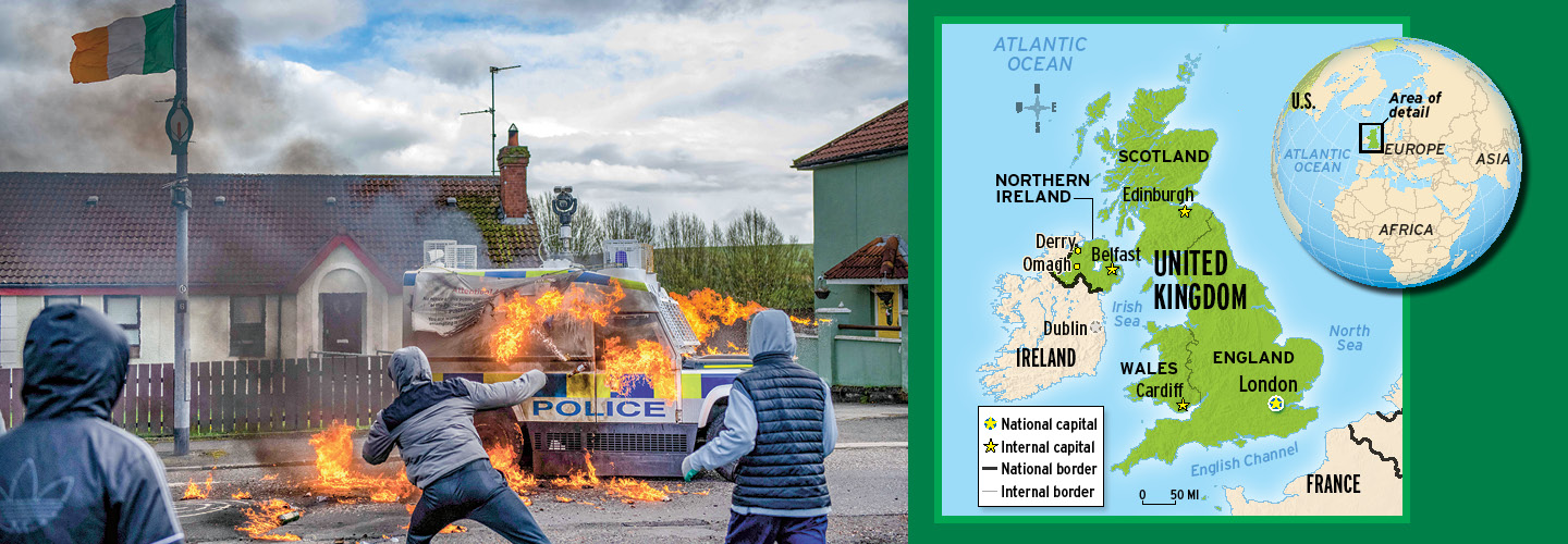 Photo of people in Ireland setting fire to a police car & map of the United Kingdom