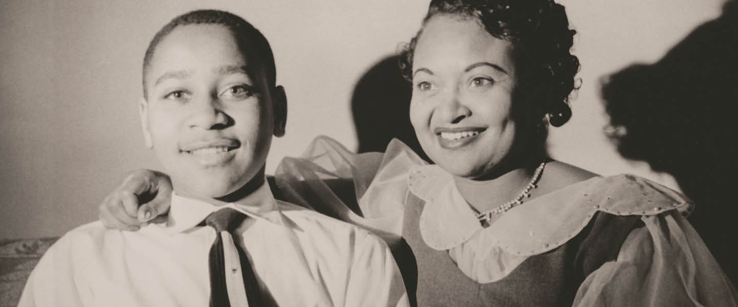Black & white photo of Emmett Till & his mother