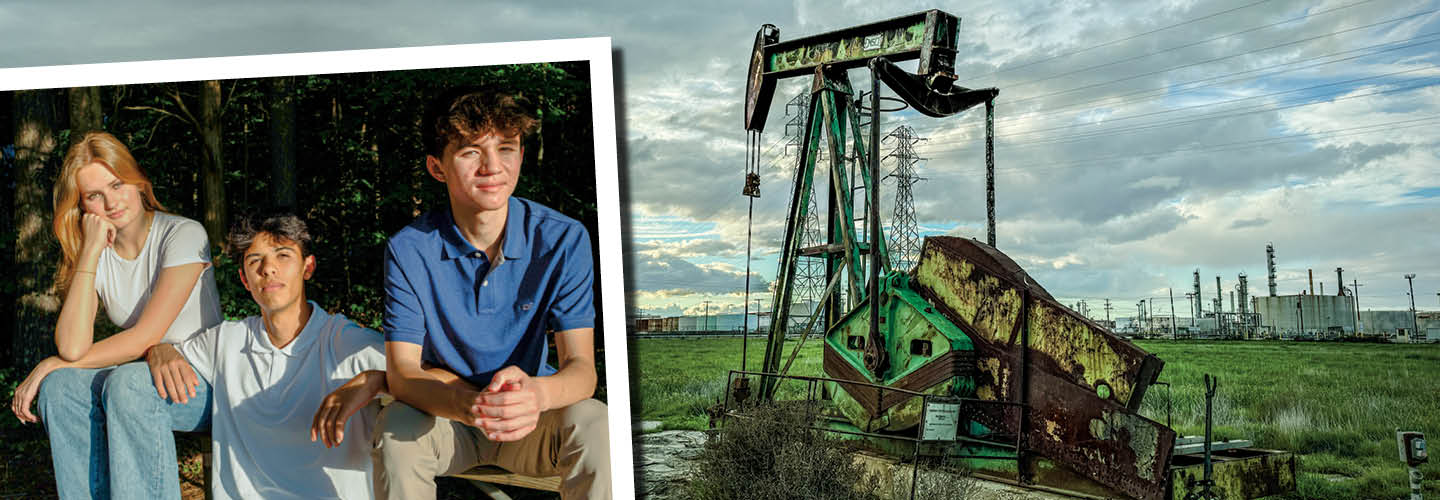 Image of teens and image of abandoned oil well